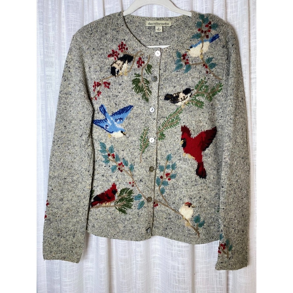 David Brooks Cotton Blend Bird Embroidered Cardigan Sweater in Gray | Medium